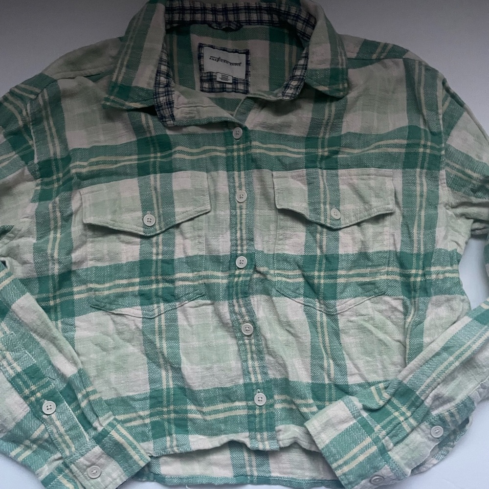 Small Green and White Plaid American Eagle Flannel